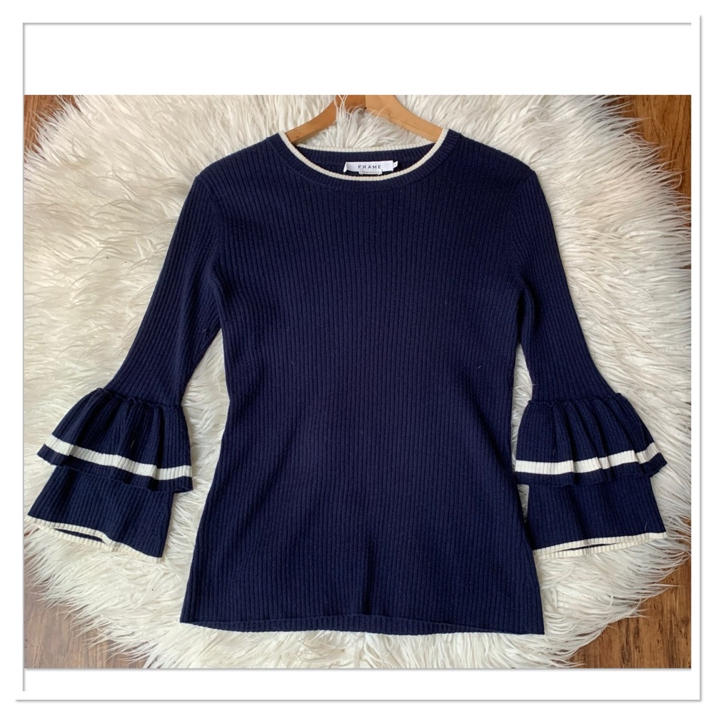 Frame Ribbed Knit Ruffle Sleeve Sweater Navy Size Medium - Picture 2 of 8
